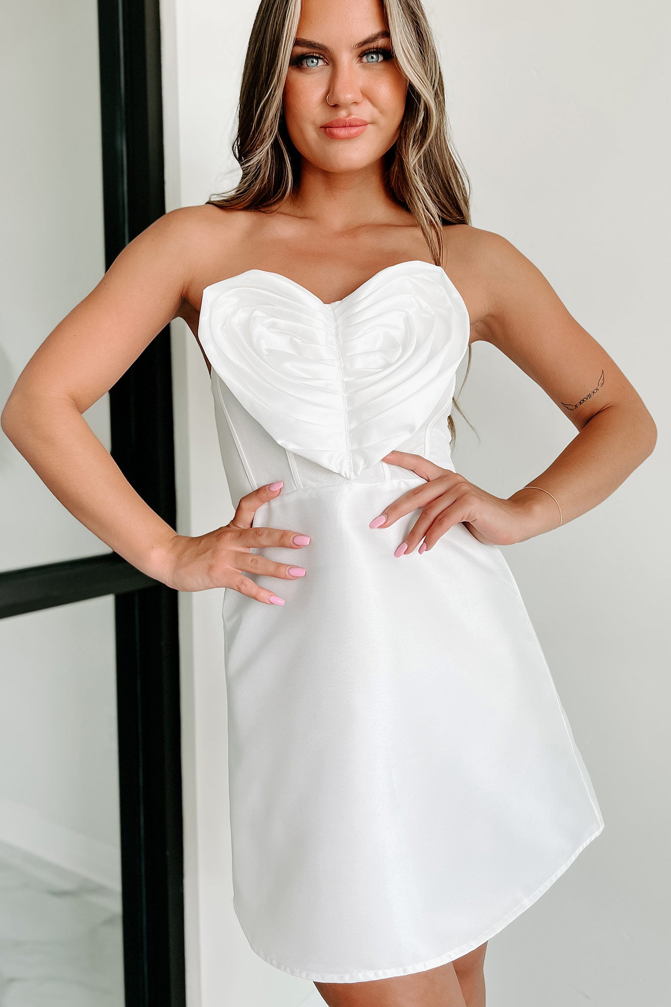 Fiercely Loved Strapless Heart Detail Mini Dress (Off White) - NanaMacs