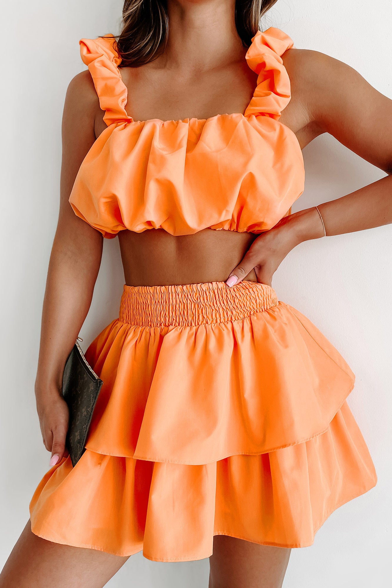 Babe Magnet Crop Top & Skirt Two-Piece Set (Orange) - NanaMacs