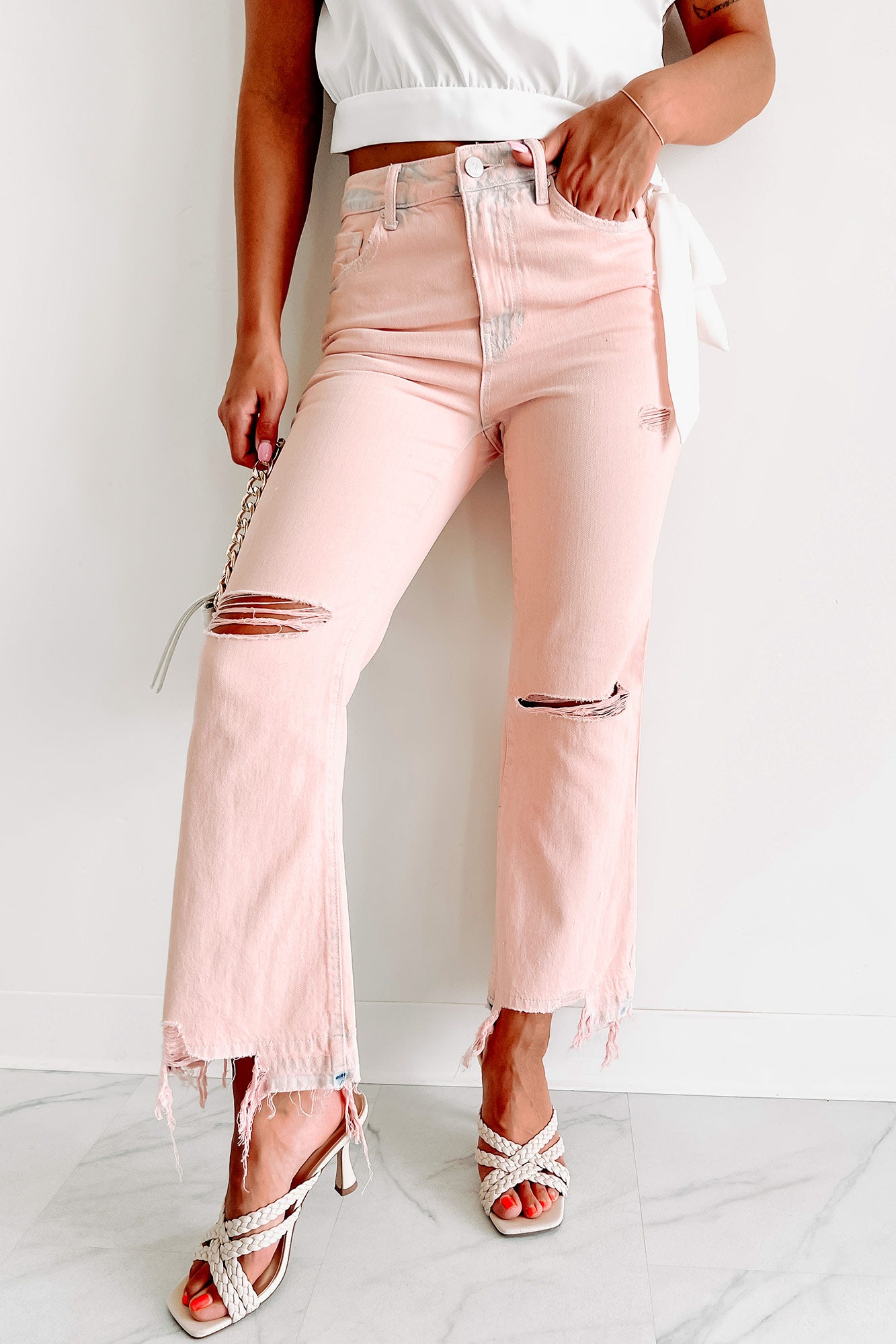 Stacy Dye Wash High Rise Crop Flare Jeans (Peach) - NanaMacs
