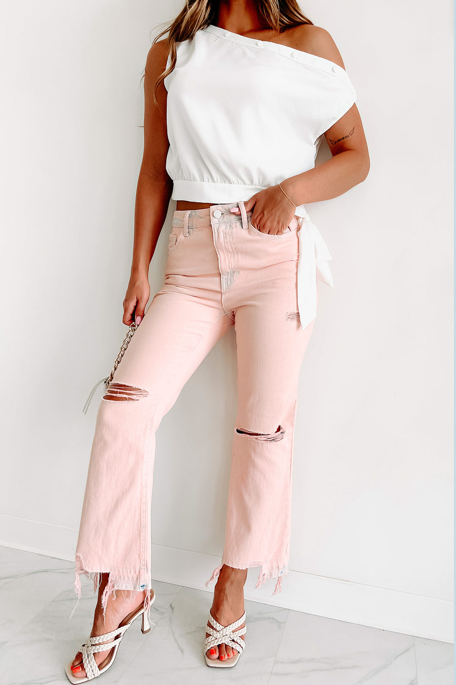 Stacy Dye Wash High Rise Crop Flare Jeans (Peach) - NanaMacs