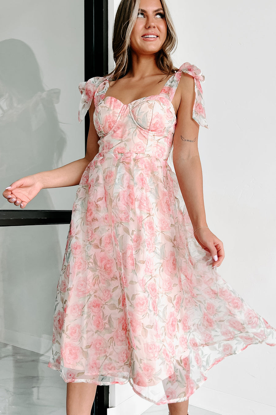 I'm Blushing Shoulder-Tie Floral Organza Midi Dress (Blush) - NanaMacs
