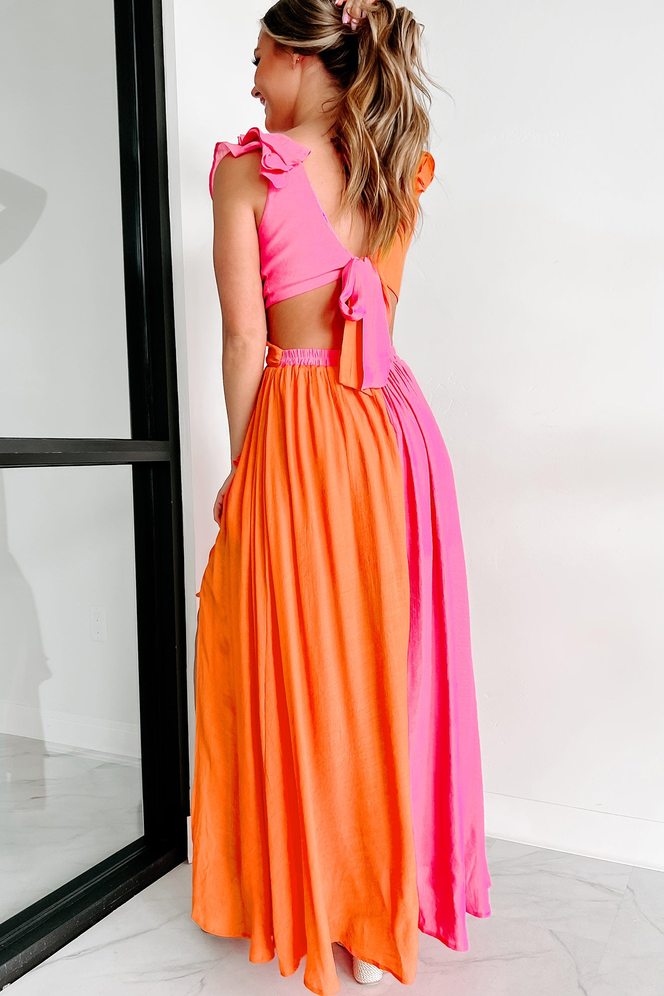 The Bright Path Ruffled Colorblock Maxi Dress (Pink/Orange) - NanaMacs
