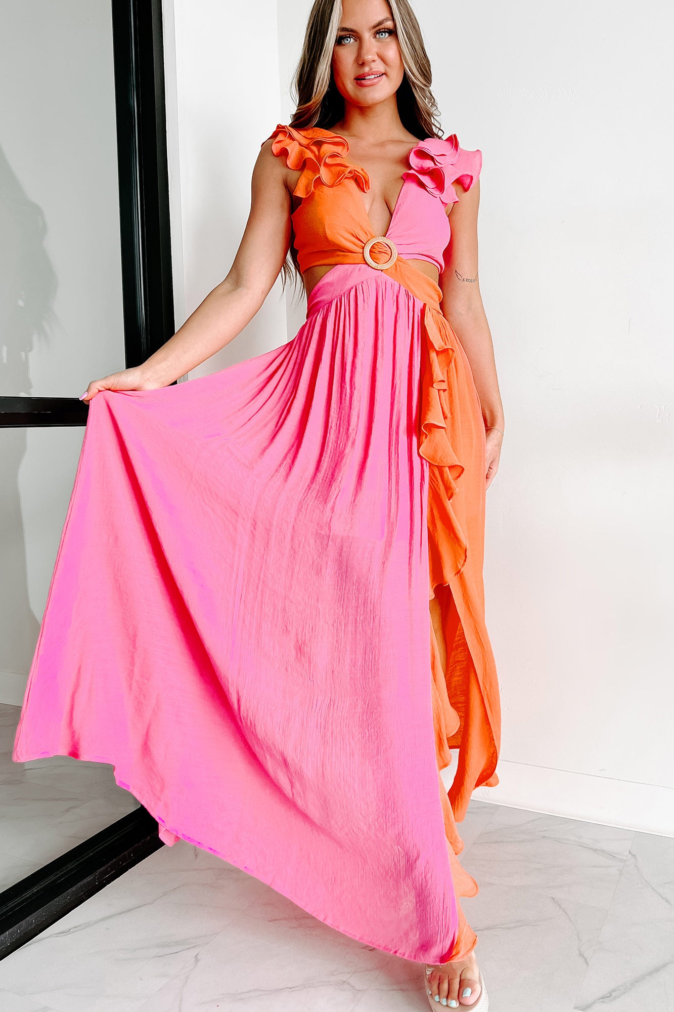 The Bright Path Ruffled Colorblock Maxi Dress (Pink/Orange) - NanaMacs