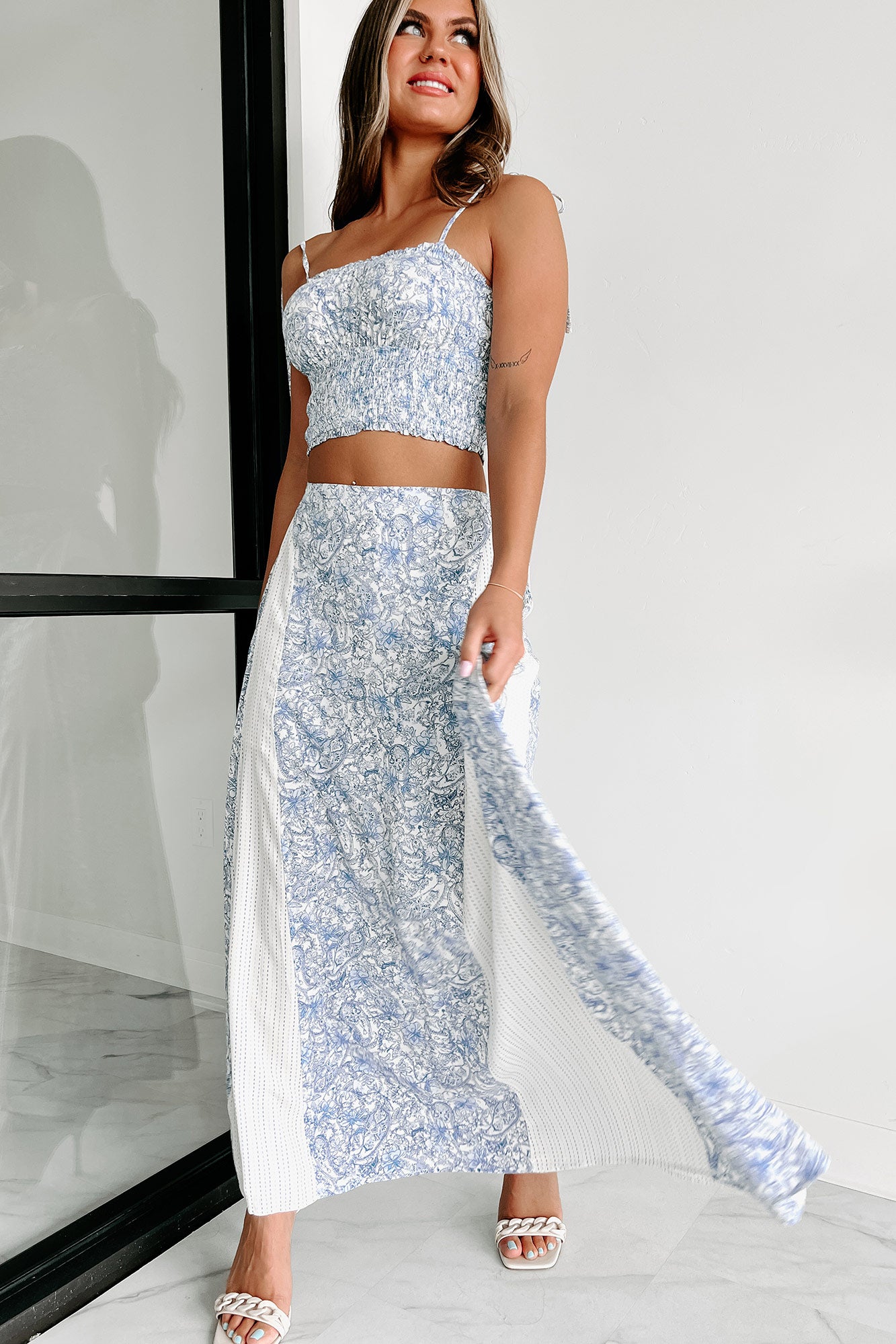 Santorini Strolls Floral Crop Top & Maxi Skirt Set (Blue Multi) - NanaMacs