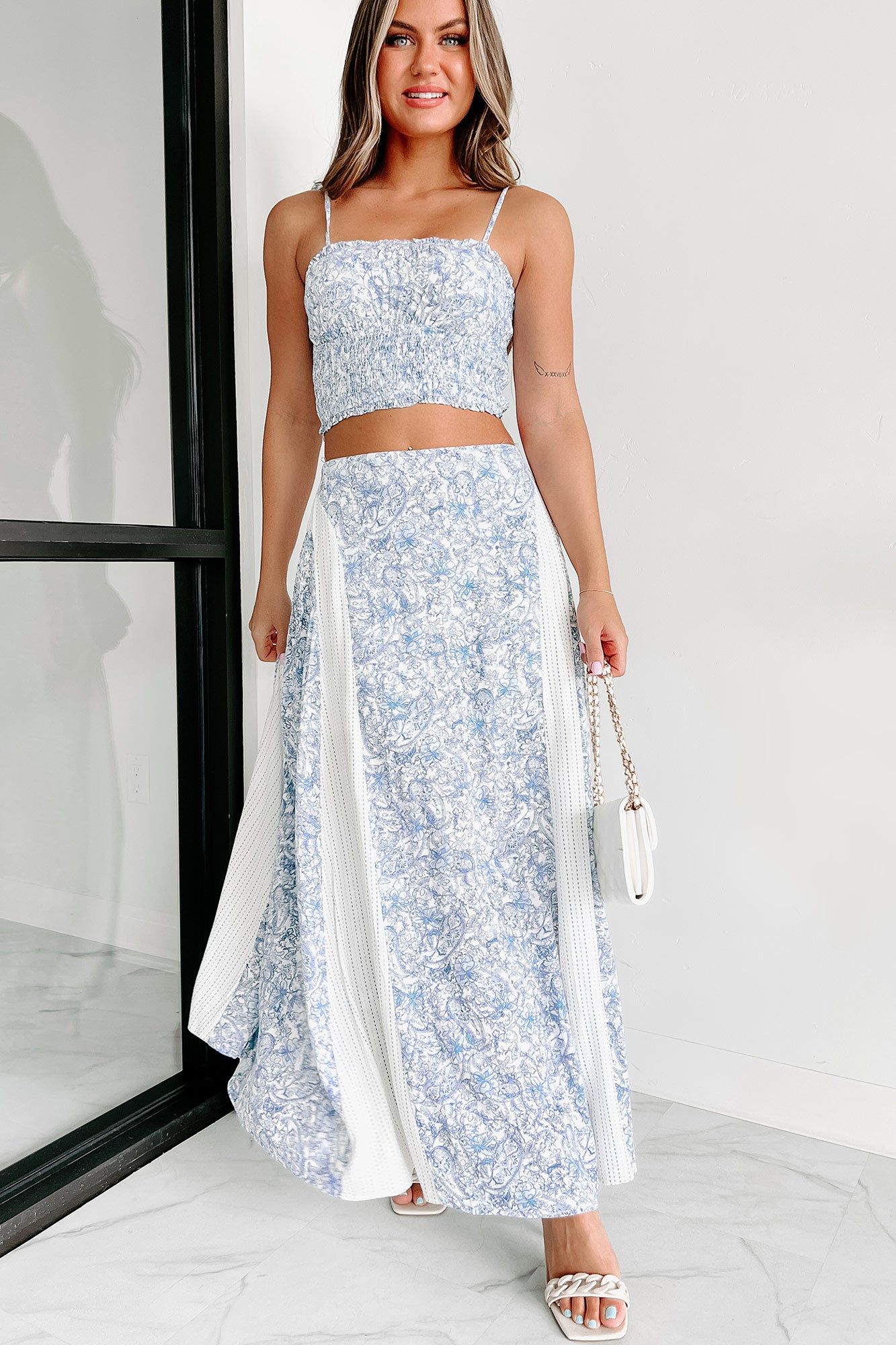 Santorini Strolls Floral Crop Top & Maxi Skirt Set (Blue Multi) - NanaMacs