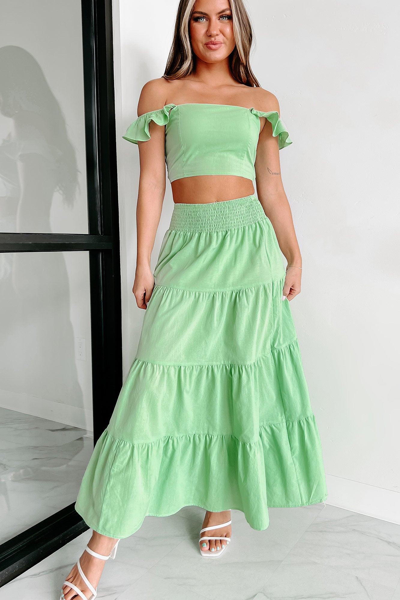 Finding Joy Flutter Sleeve Crop Top & Maxi Skirt Set (Green) - NanaMacs