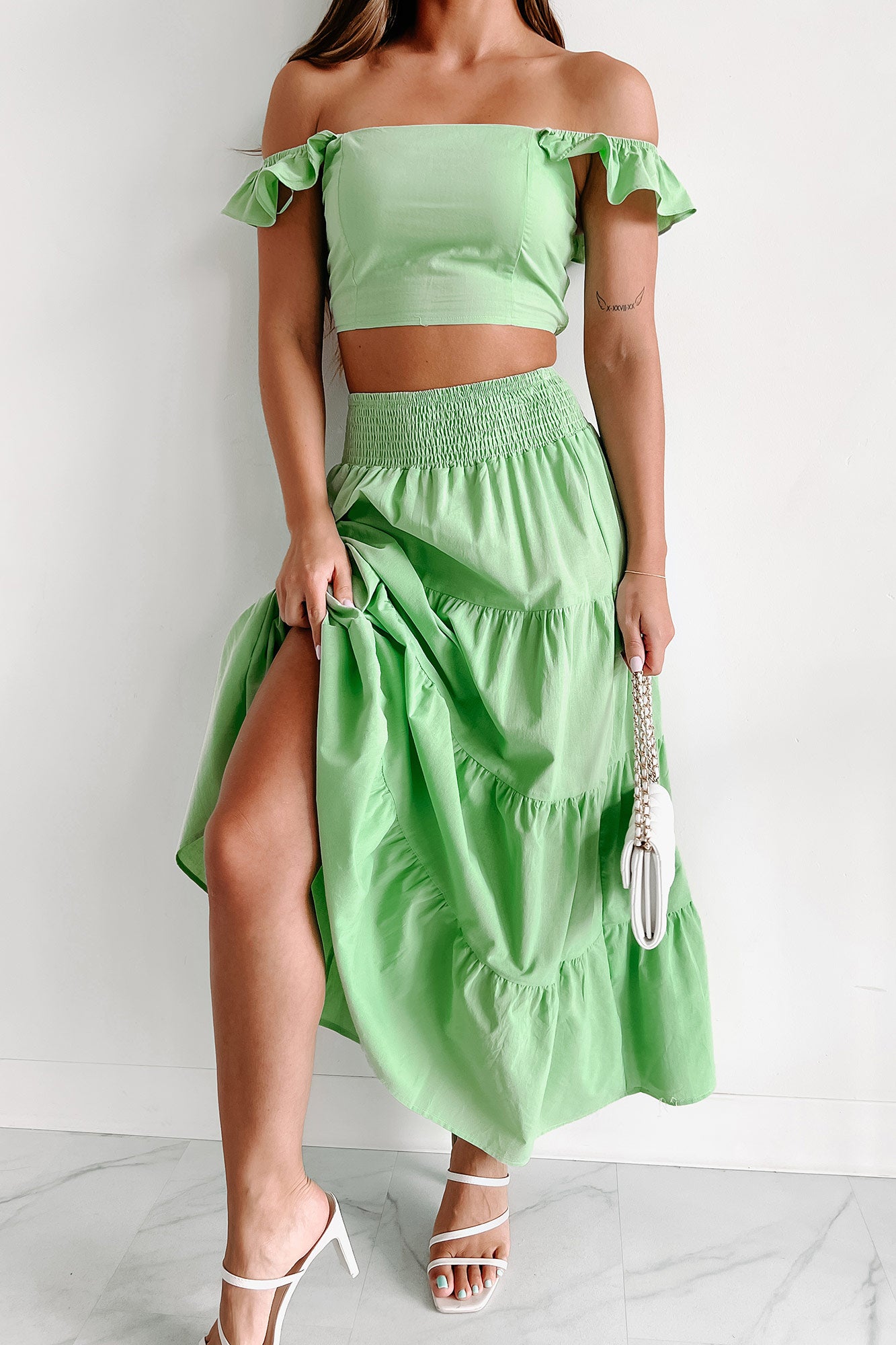 Finding Joy Flutter Sleeve Crop Top & Maxi Skirt Set (Green) - NanaMacs