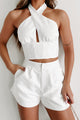 Fashionably Chic Two-Piece Halter Top & Shorts Set (White) - NanaMacs