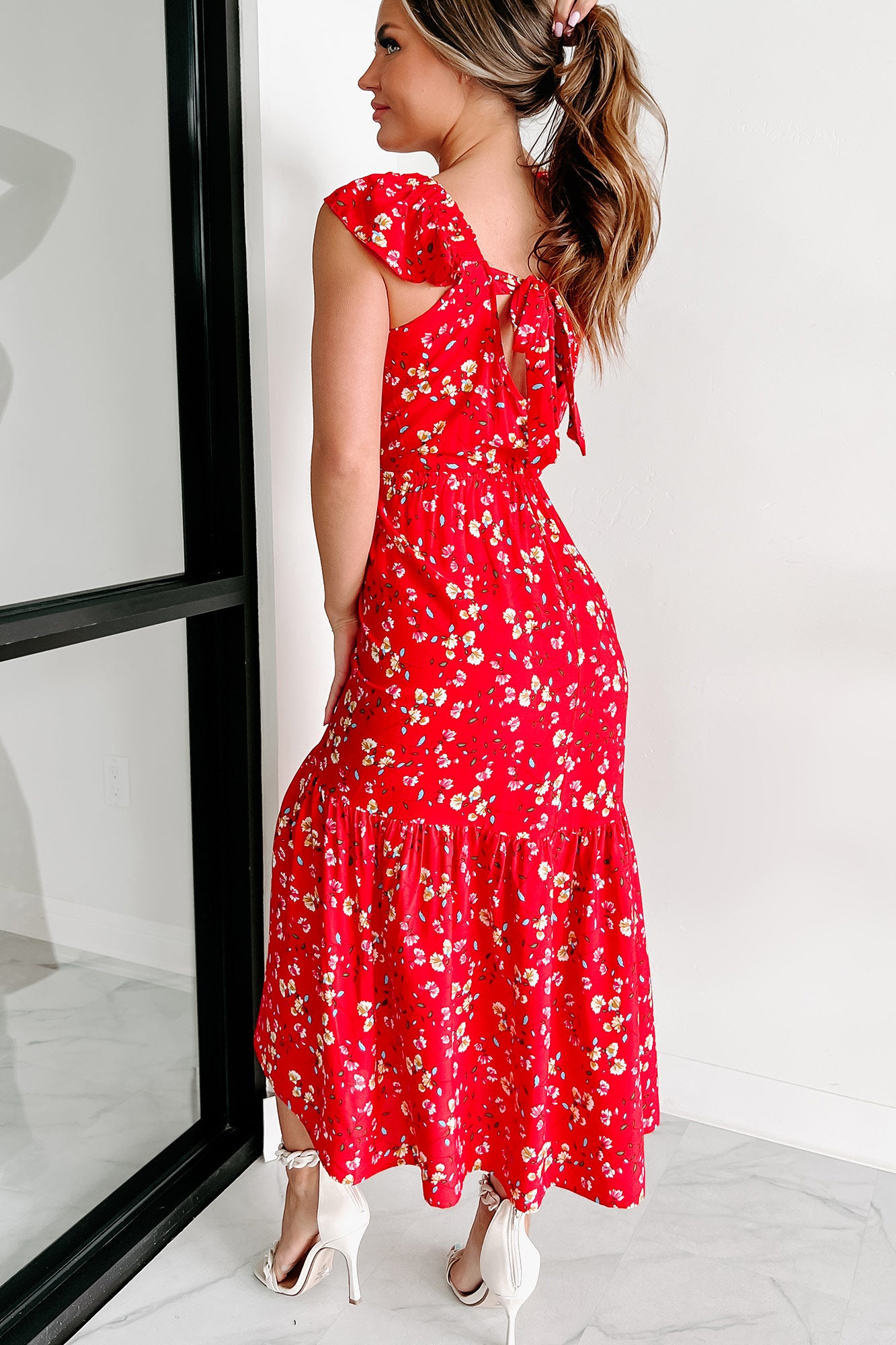 Making Wishes Floral Print Midi Dress (Red) - NanaMacs