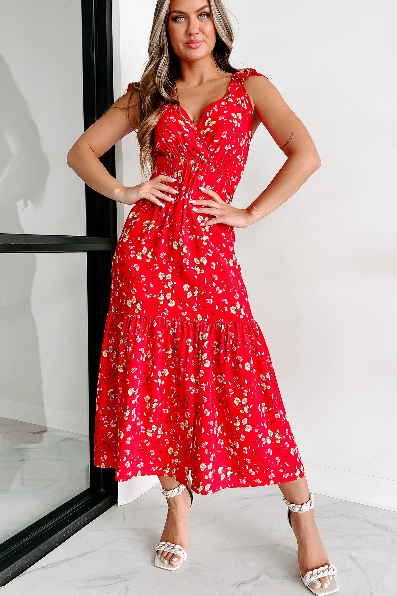 Making Wishes Floral Print Midi Dress (Red) - NanaMacs