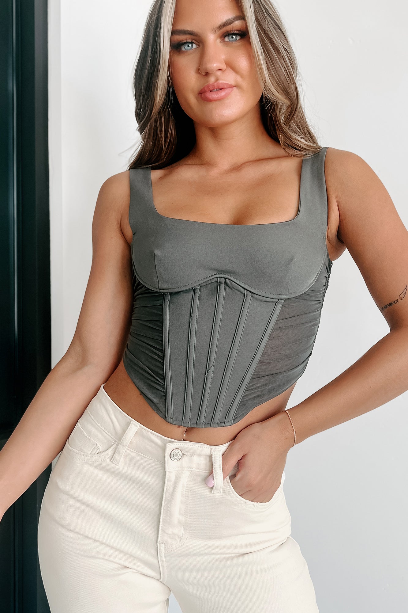 Won't Take the Blame Lace-Up Back Corset Top (Olive Grey)