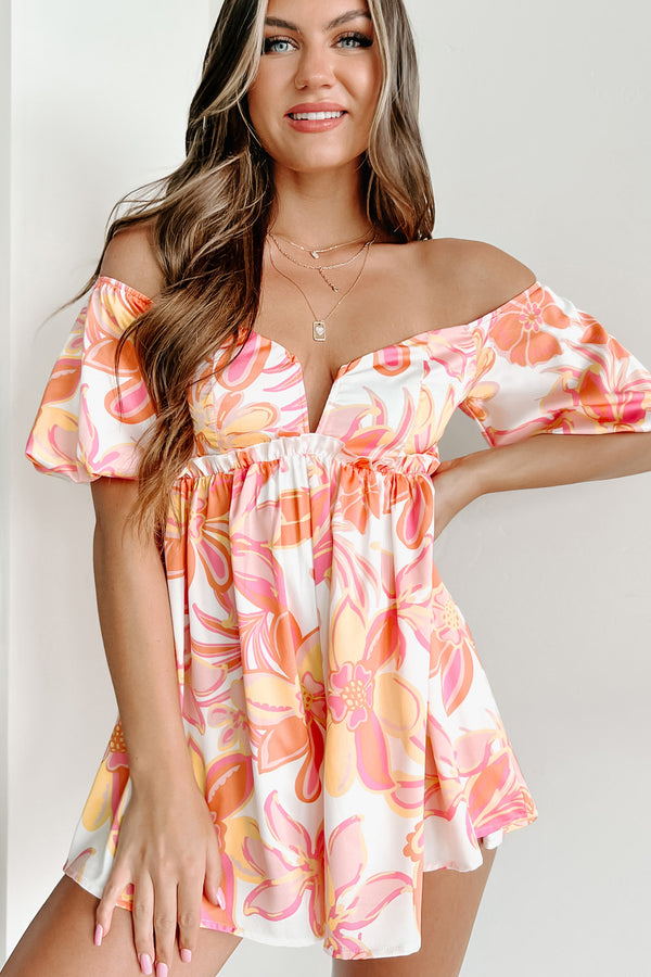 Debbie Off The Shoulder Floral Babydoll Romper (Orange/Multi) - NanaMacs