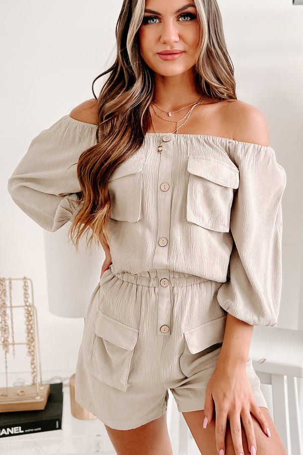 Patricia Off The Shoulder Cargo Pocket Romper (Dark Sand) - NanaMacs