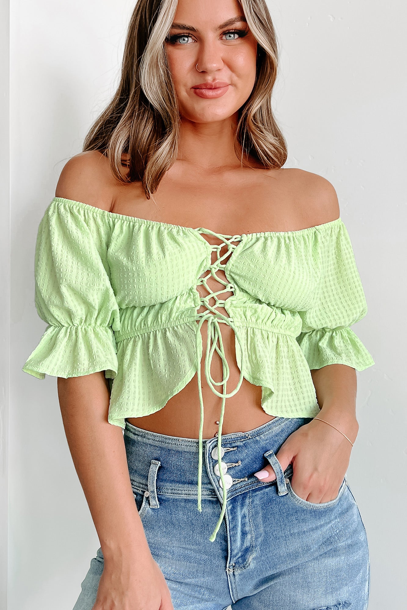 Radiating Confidence Off The Shoulder Lace-Up Seersucker Top (Candy Apple) - NanaMacs