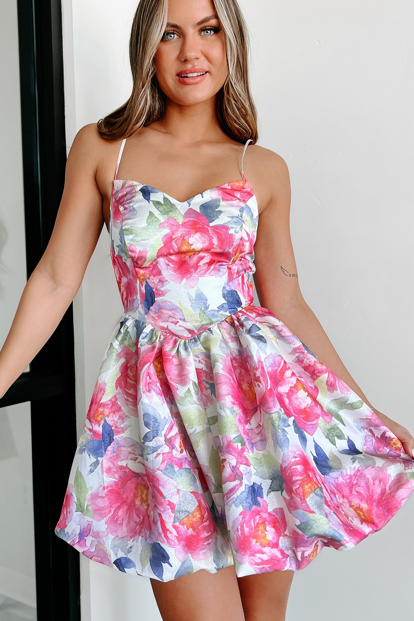 Glisten And Gleam Floral Bubble Hem Mini Dress (Multi Color) - NanaMacs