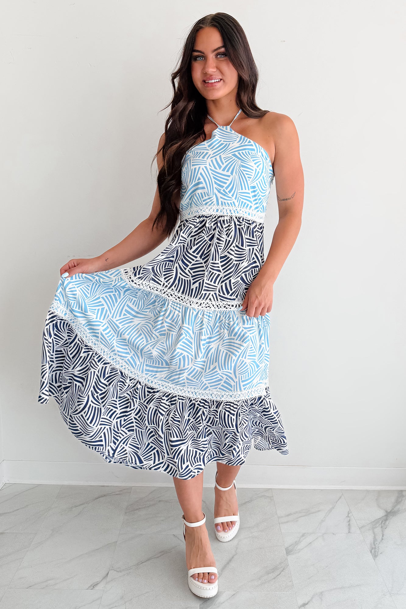 navy halter maxi dress Chaser Siren Navy Spot Maxi Dress