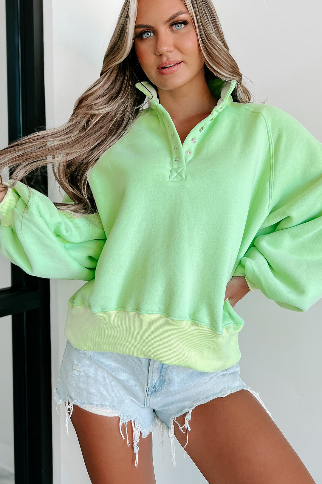 Turning The Page Snap-Button Pullover Sweatshirt (Apple Green) - NanaMacs
