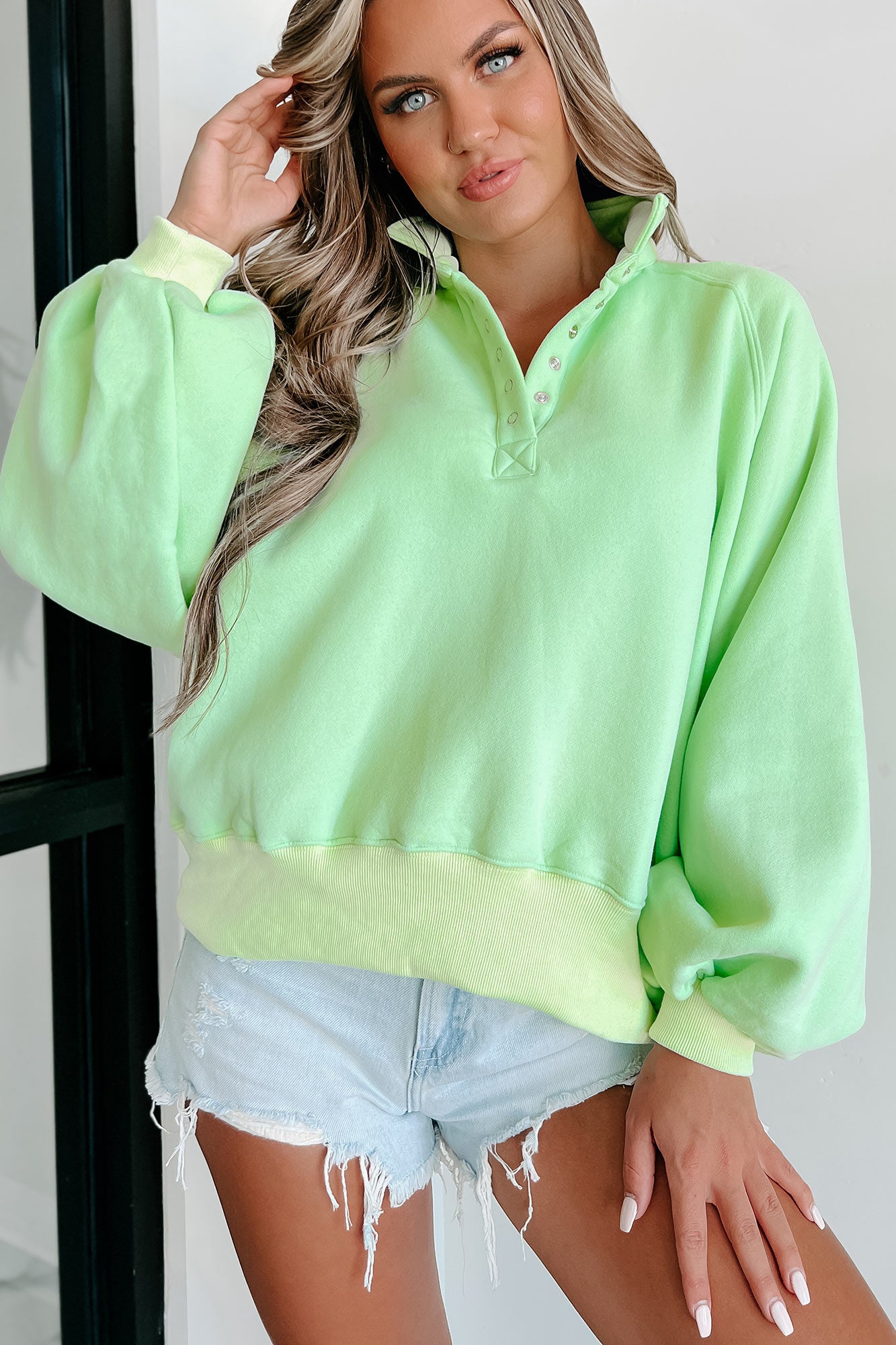 Turning The Page Snap-Button Pullover Sweatshirt (Apple Green