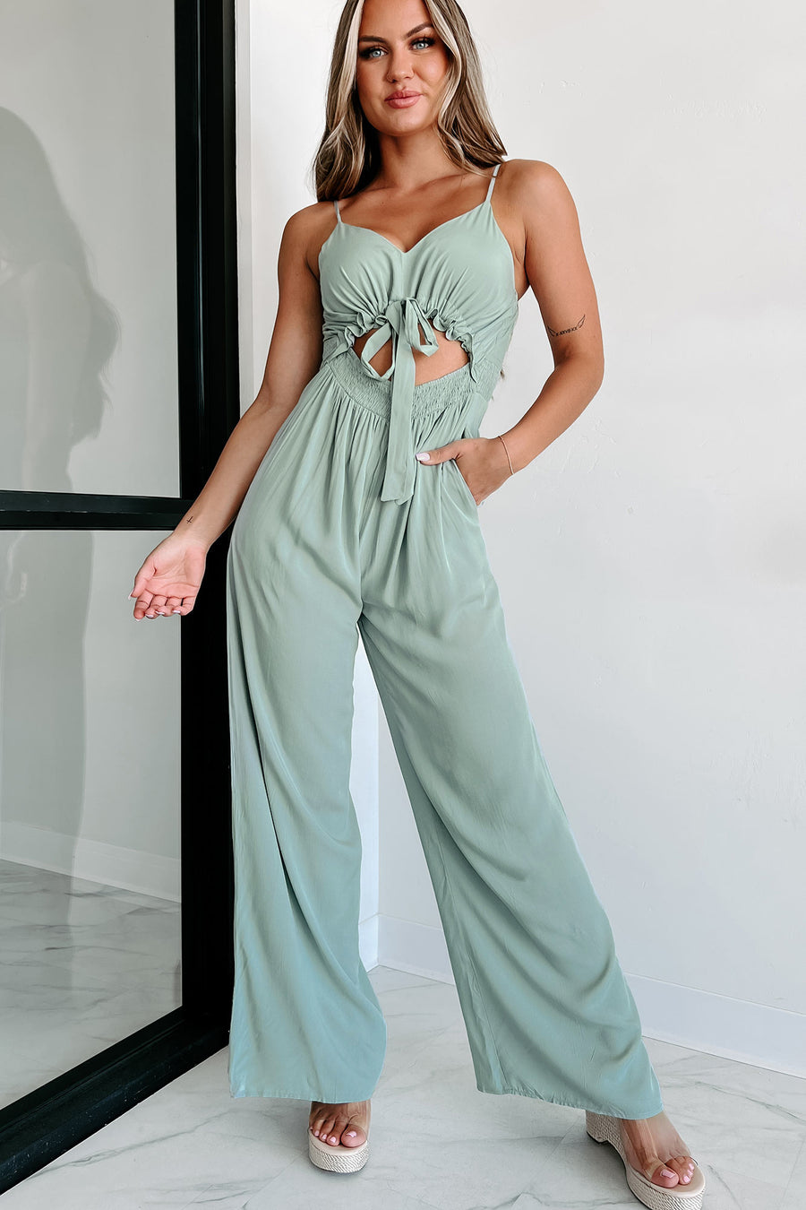 Staying In The Sun Cut-Out Jumpsuit (Sage) - NanaMacs