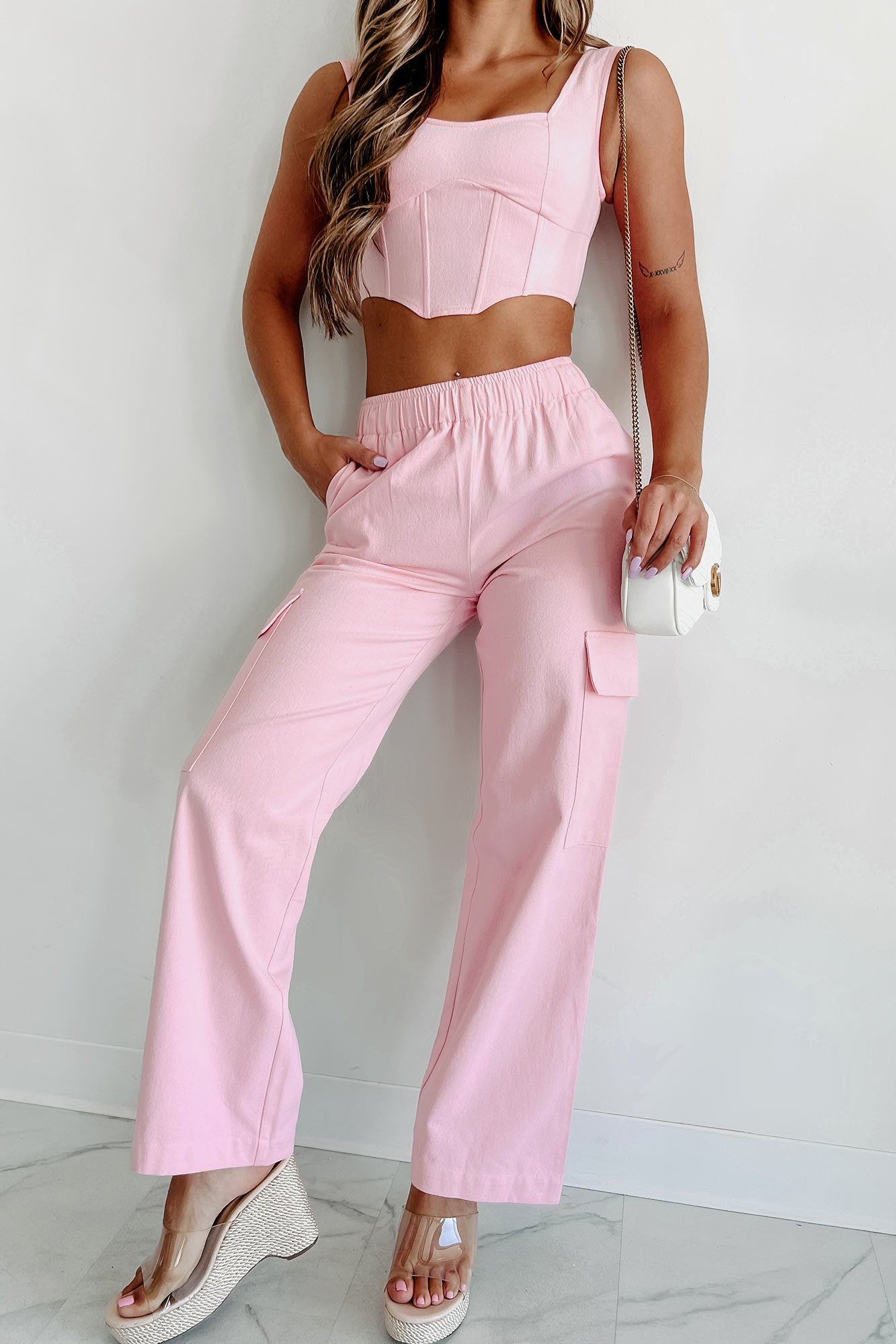 Hooked On The Look Corset Top & Cargo Pants Set (Pink) - NanaMacs