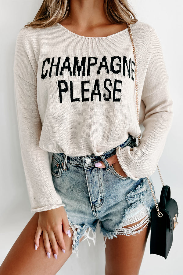 "Champagne Please" Graphic Sweater (Beige) - NanaMacs