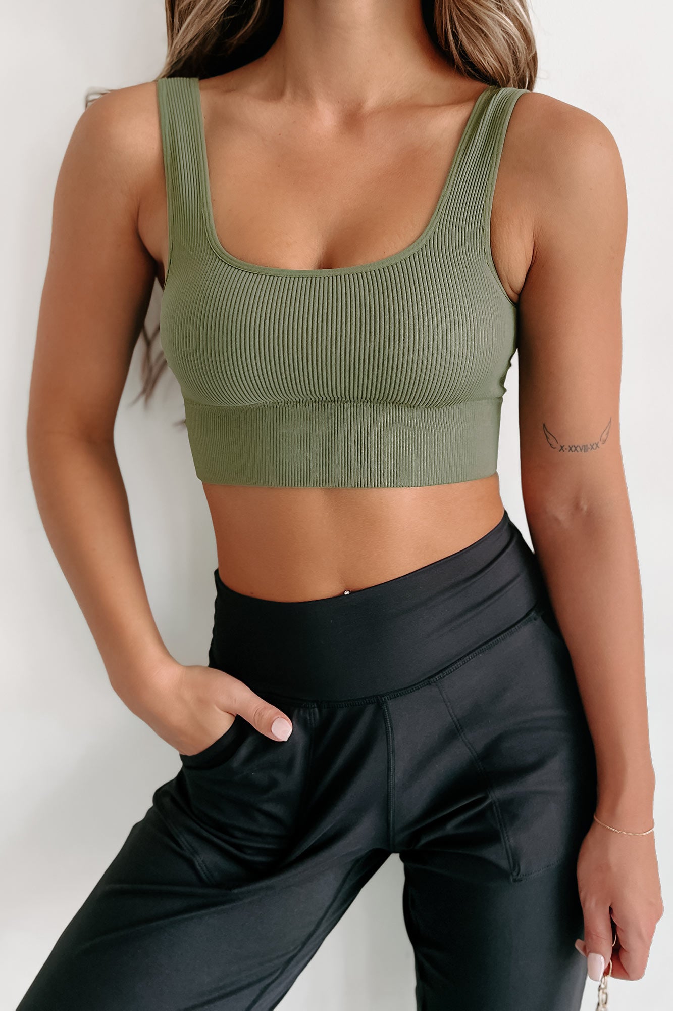 Doorbuster Start The Clock Ribbed Padded Active Top (Light Olive) - NanaMacs