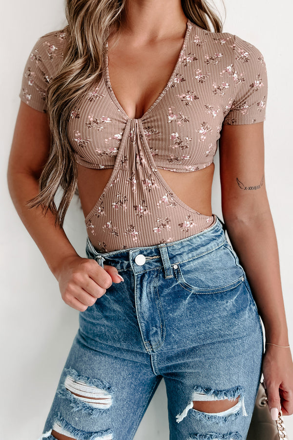 Doorbuster Falling For A Friend Cut-Out Floral Bodysuit (Mocha) - NanaMacs