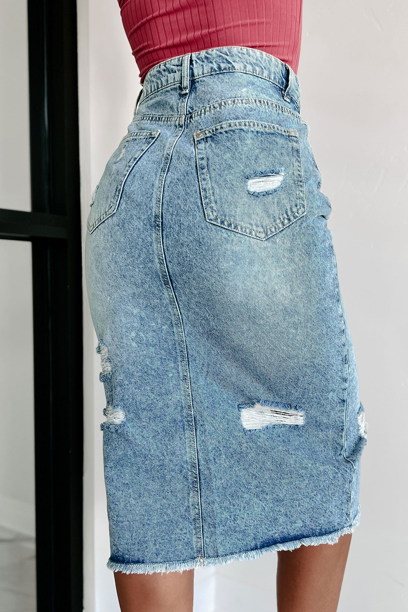 Doorbuster Leandra Distressed Denim Midi Skirt (Medium Blue) - NanaMacs