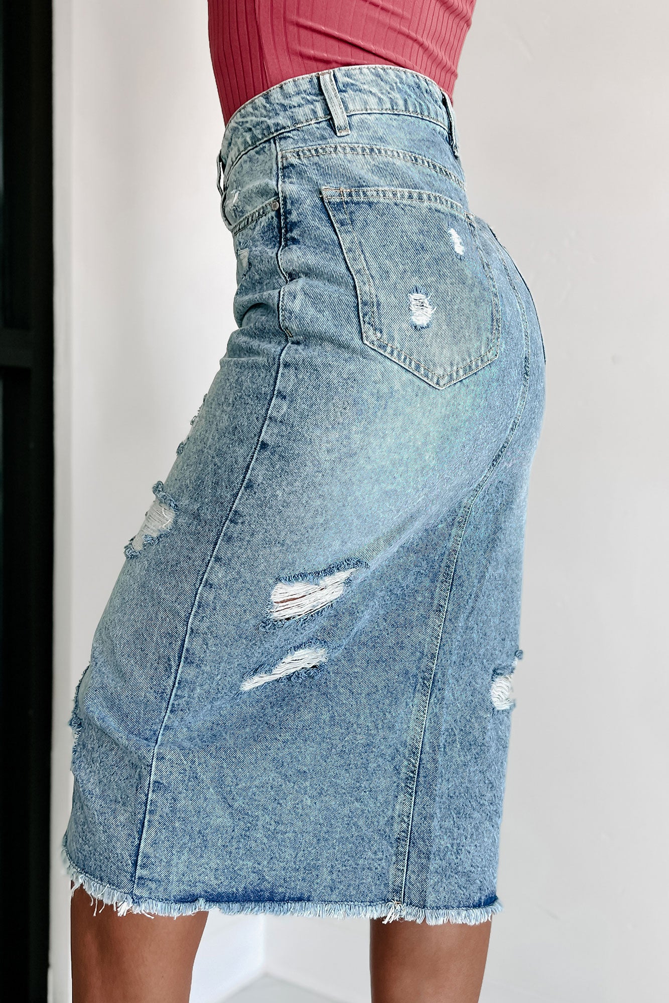 Indigo Vintage Wash Distressed Denim Midi Skirt | PrettyLittleThing USA