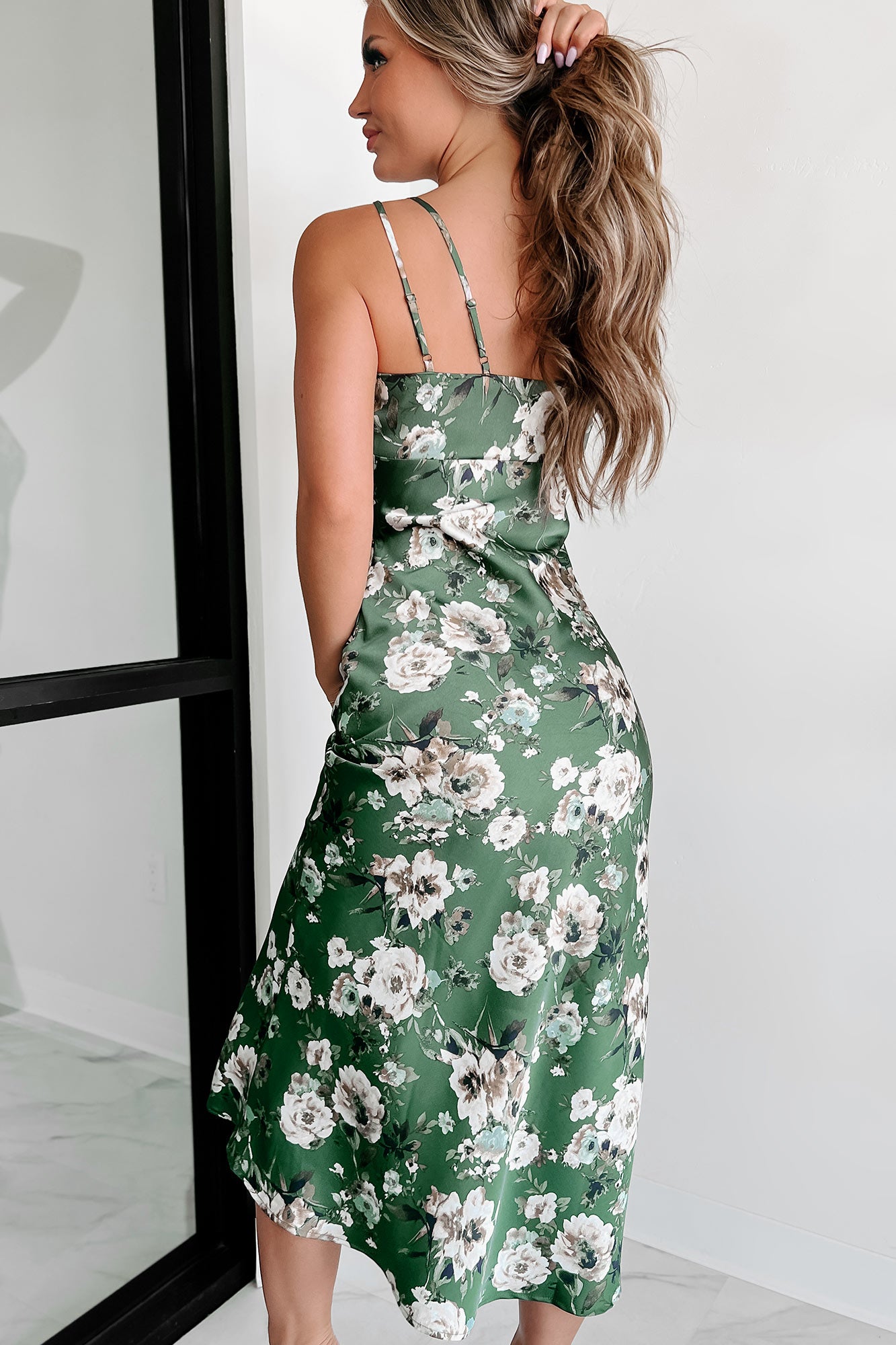 Appreciating The Moment Satin Floral Midi Dress (Hunter Green Multi) - NanaMacs