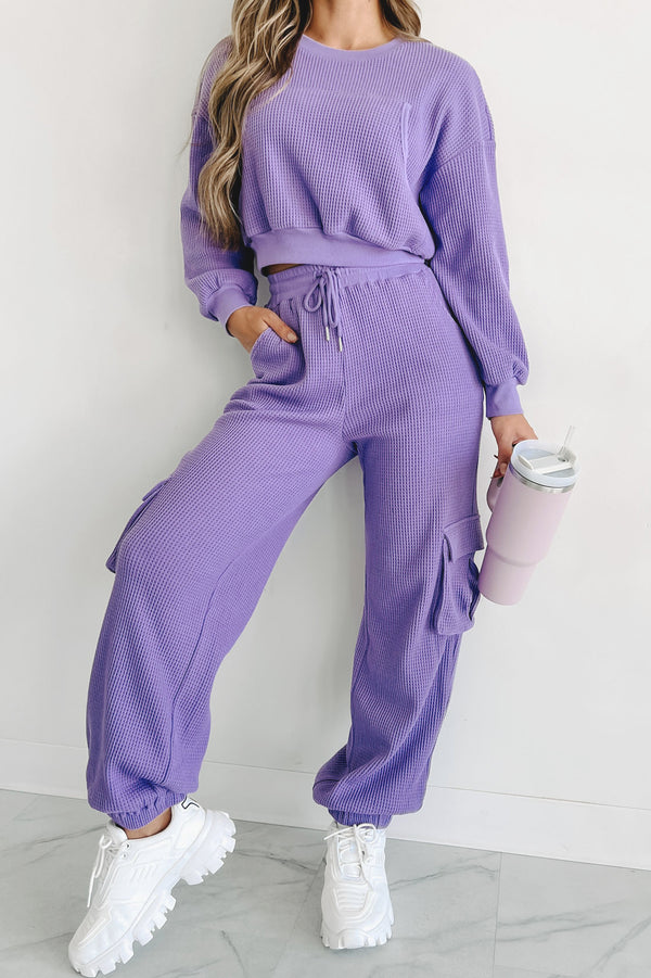 Weekend Hangs Waffle Knit Loungewear Set (Purple) - NanaMacs