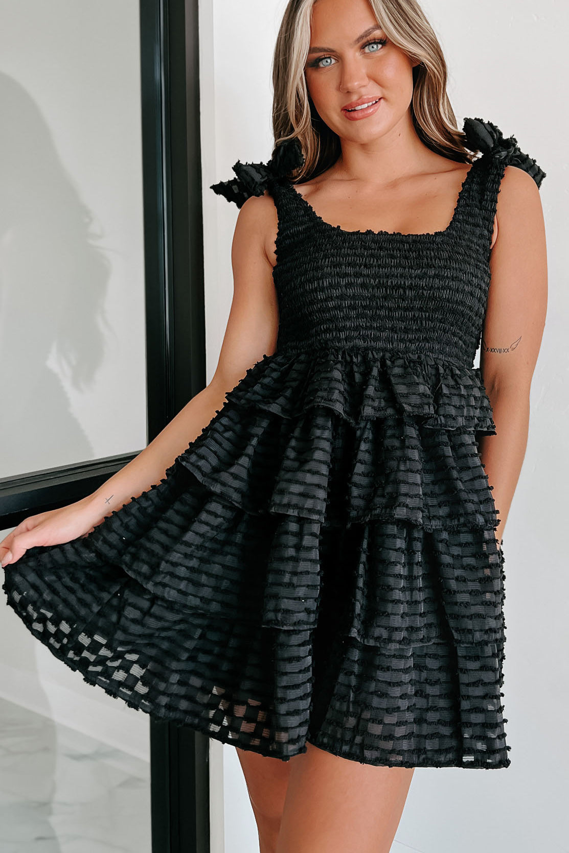 Cutest One Here Textured Tiered Mini Dress (Black) - NanaMacs