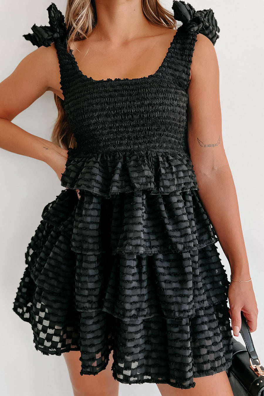 Cutest One Here Textured Tiered Mini Dress (Black) - NanaMacs