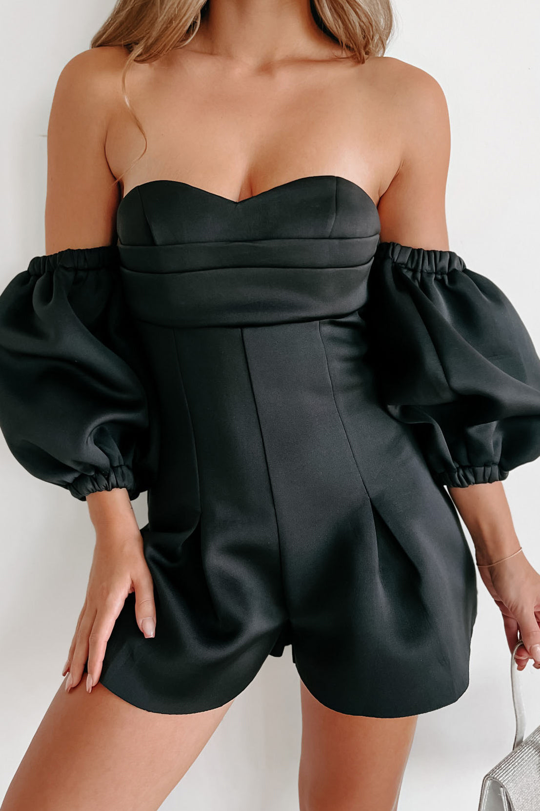 Stealing The Attention Off The Shoulder Detachable Sleeve Romper (Black) - NanaMacs