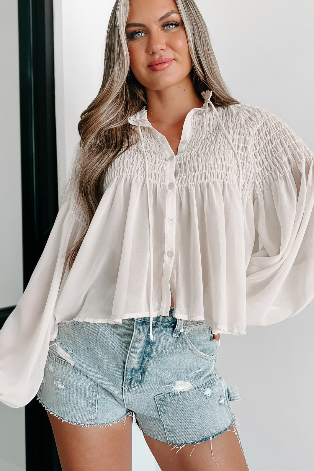 Administrative Duties Smocked Peasant Sleeve Blouse (Off White)