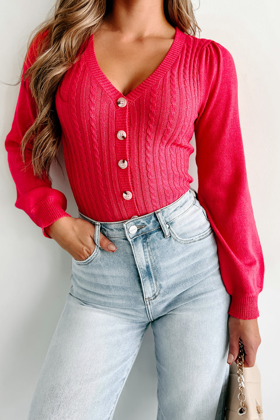 Feeling Inspired Button-Front Cable Knit Bodysuit (Fuchsia) - NanaMacs