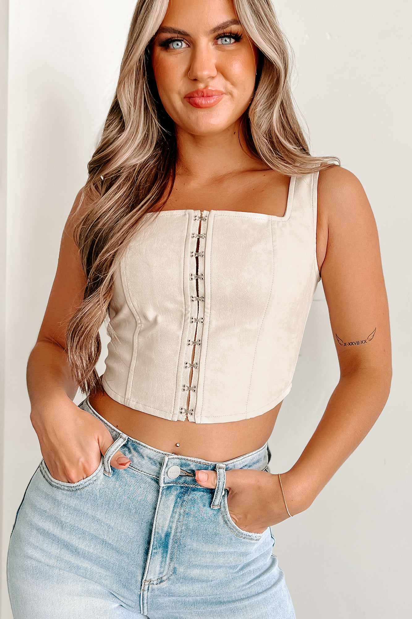 Walking A Fine Line Faux Leather Hook & Eye Crop Top (Cream) - NanaMacs