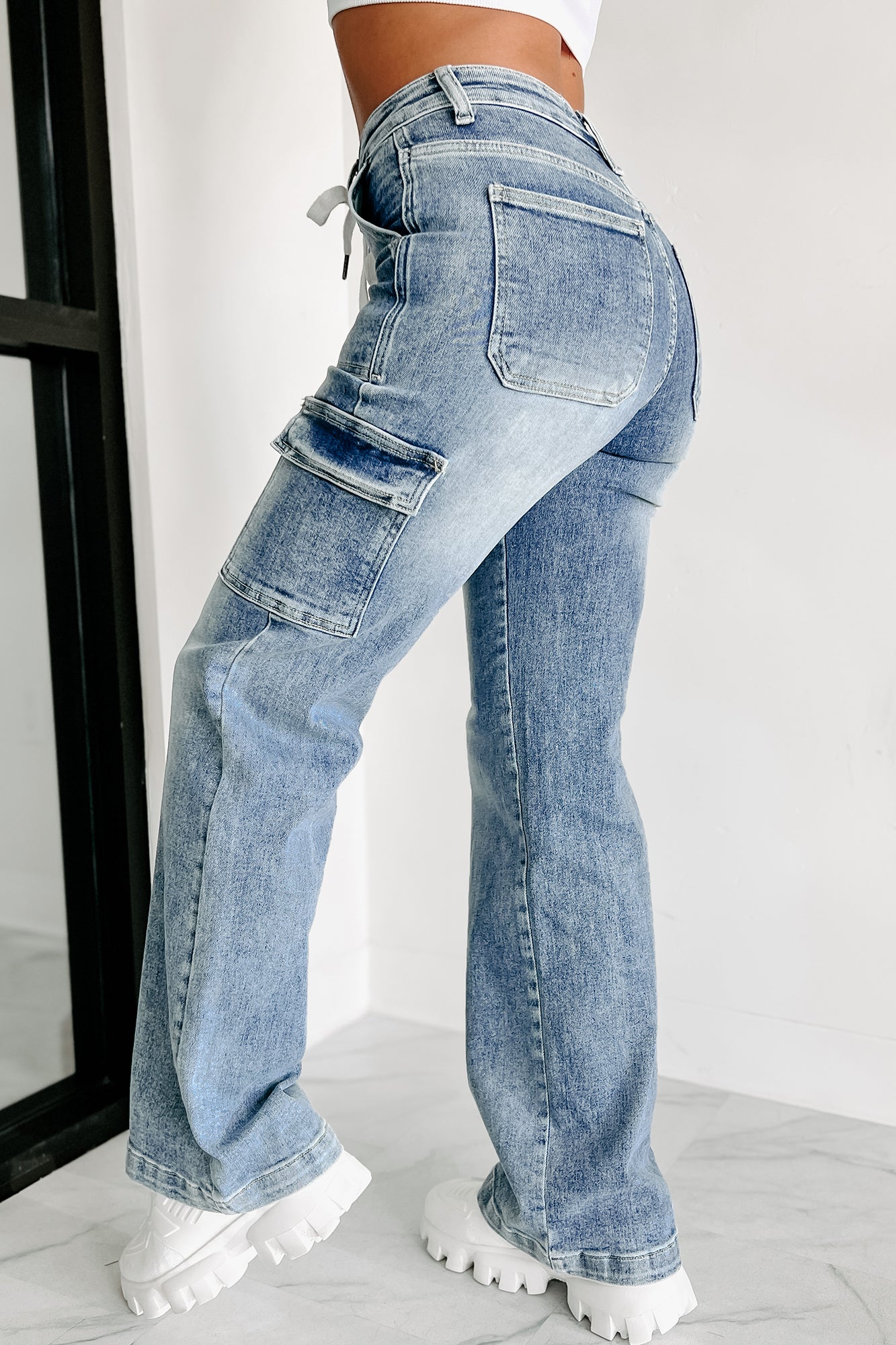 New Millenia Drawstring Tie Wide Leg Risen Cargo Jeans (Medium) - NanaMacs