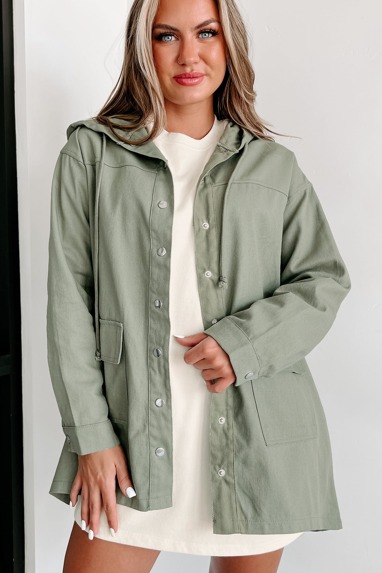 Oregon Coast Drawstring Hood Utility Jacket (Dusty Olive) - NanaMacs