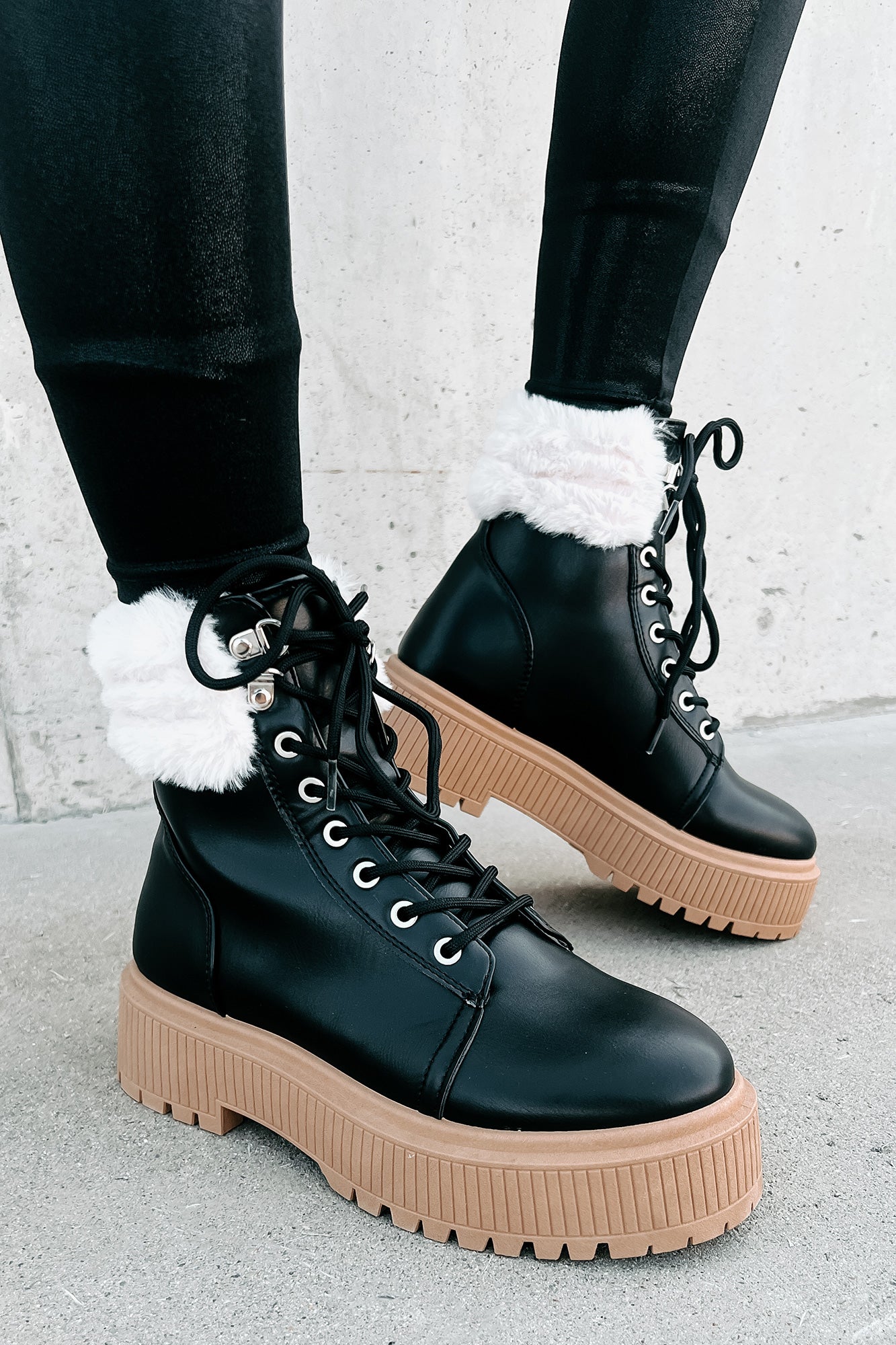 Queen Of The North Faux Fur Trimmed Combat Boots Black NanaMacs