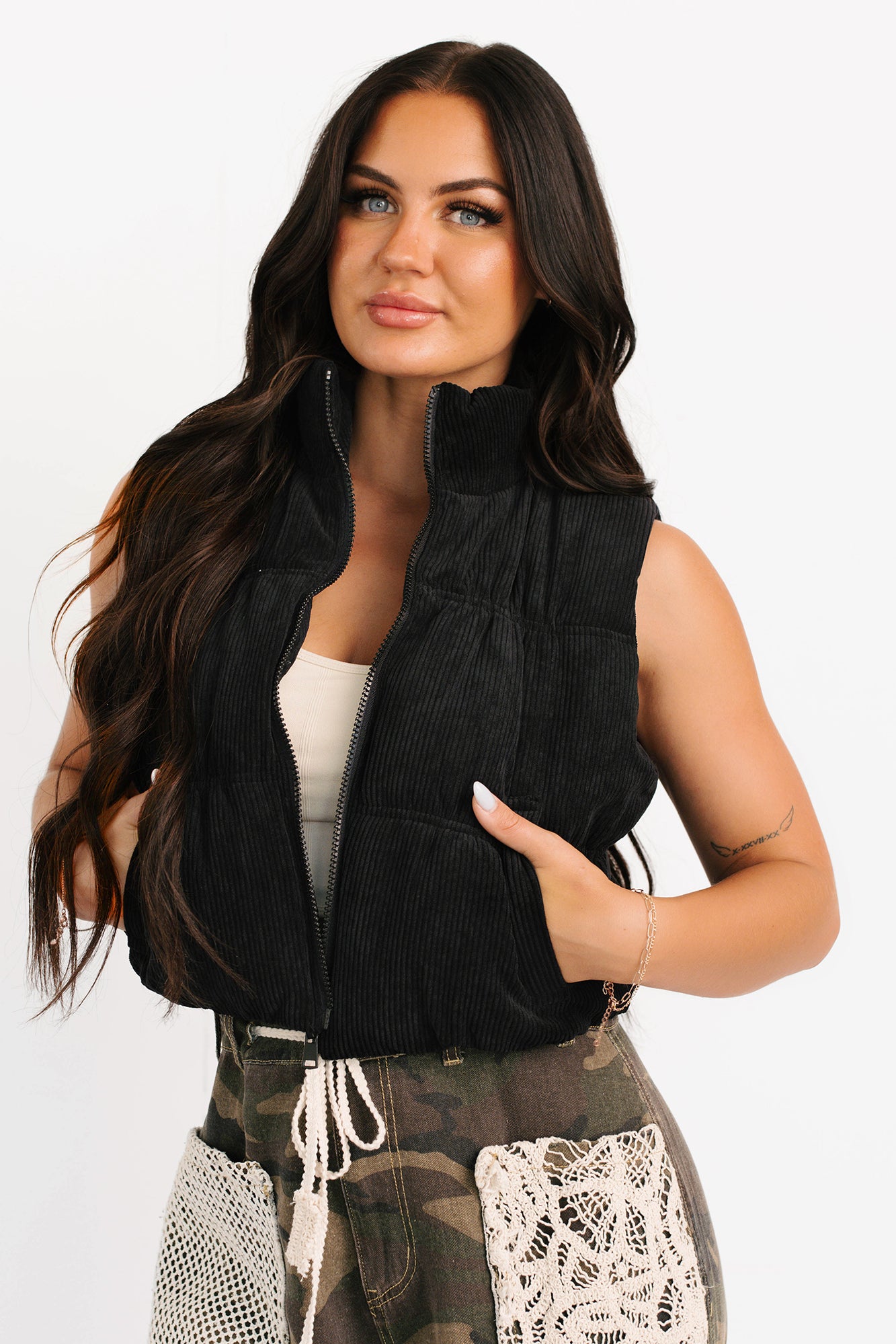 Deep Connections Corduroy Puffer Vest (Black) - NanaMacs