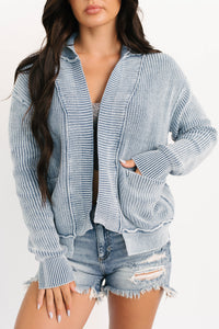 Dream Wear Zenana Washed Knit Cardigan (Dusty Blue) - NanaMacs