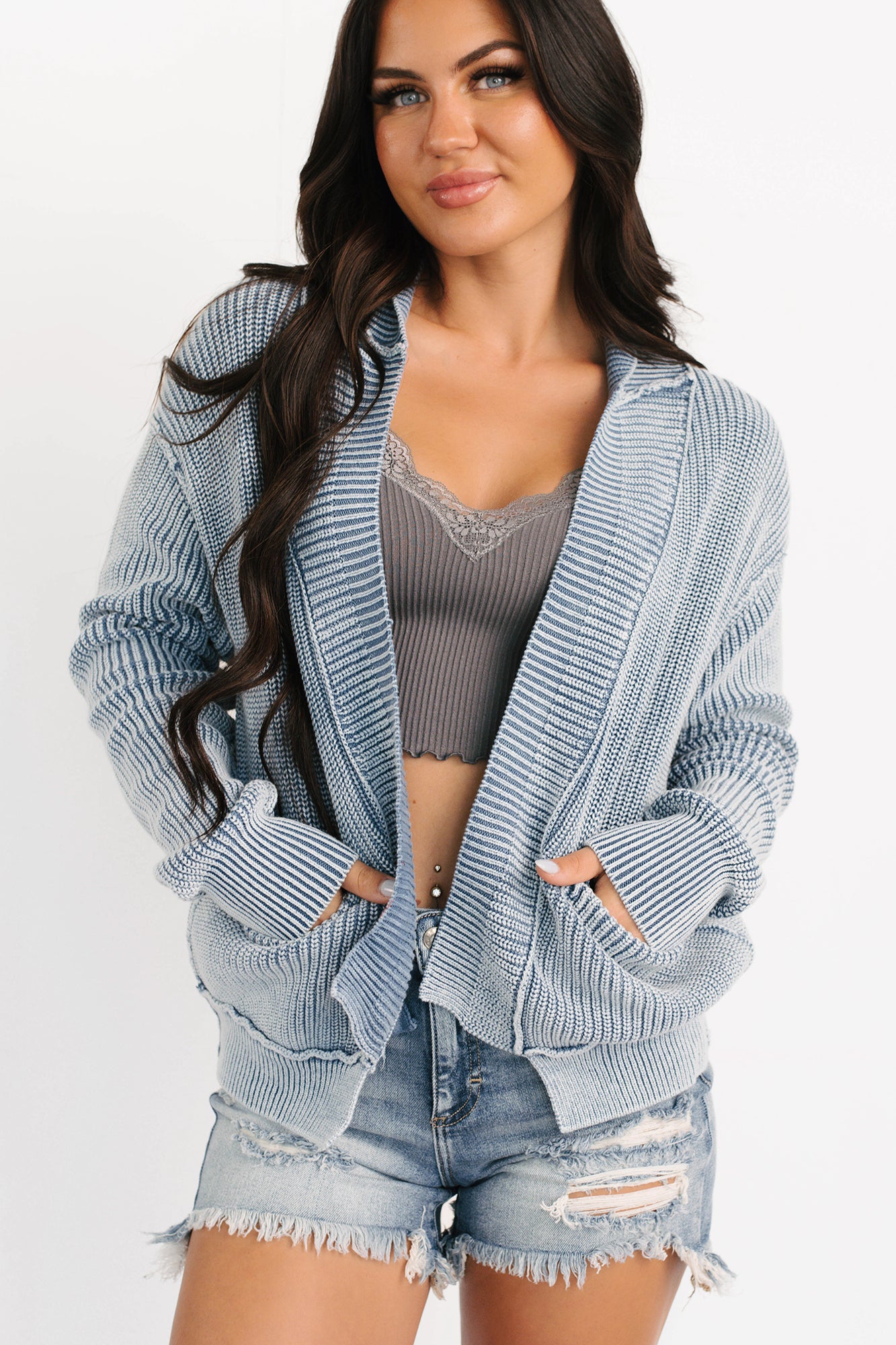 Dream Wear Zenana Washed Knit Cardigan (Dusty Blue) - NanaMacs