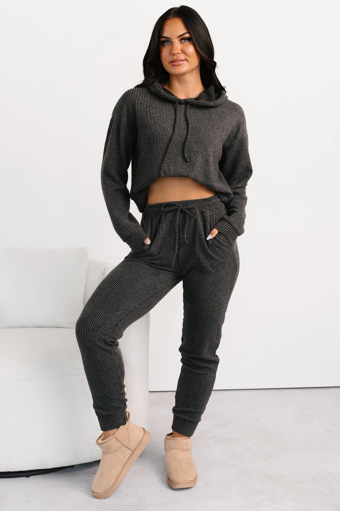Now Feels Right Brushed Rib Hoodie (Charcoal) - NanaMacs