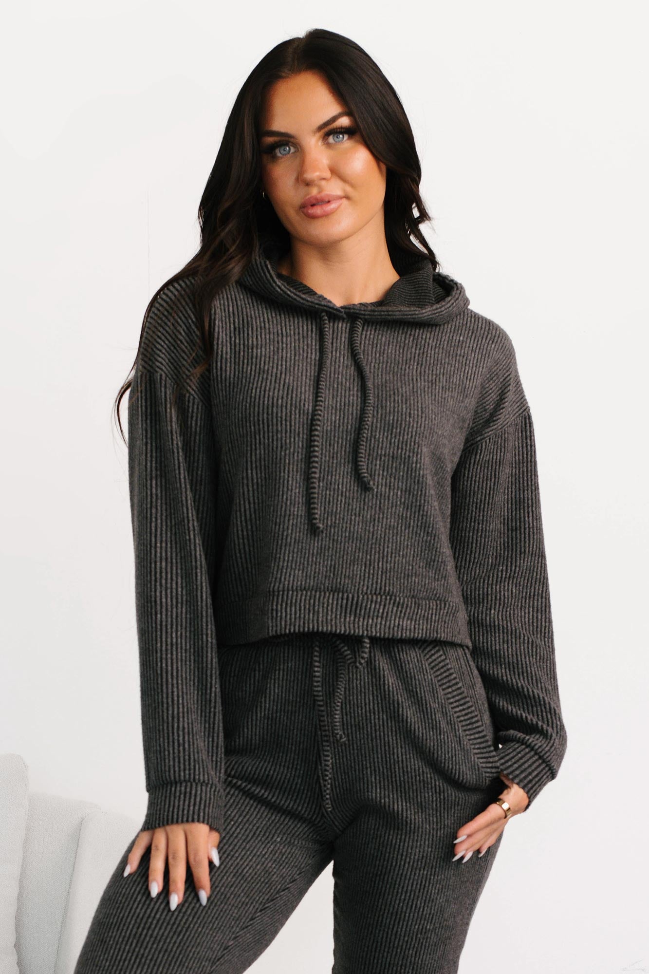 Now Feels Right Brushed Rib Hoodie (Charcoal) - NanaMacs
