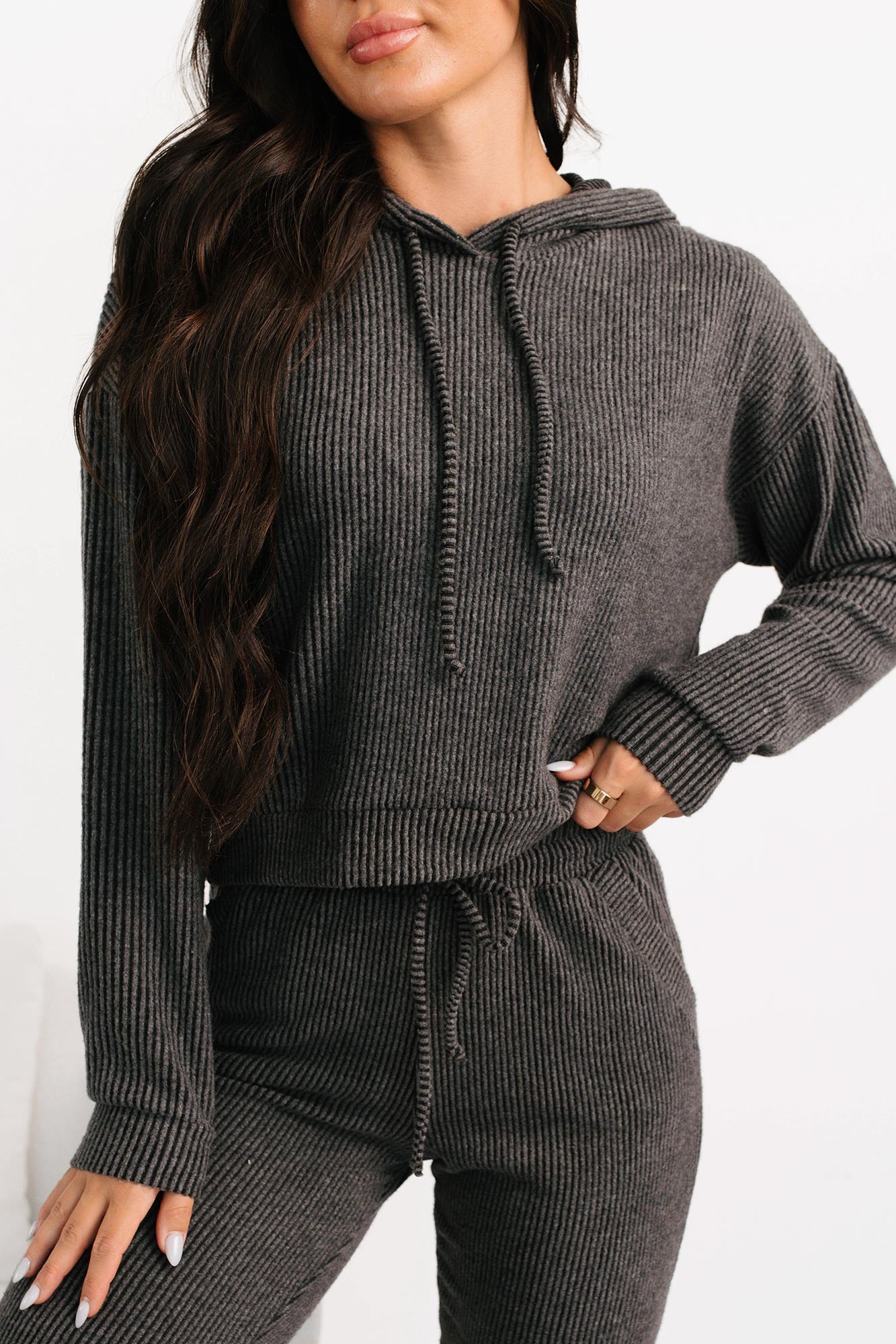 Now Feels Right Brushed Rib Hoodie (Charcoal) - NanaMacs