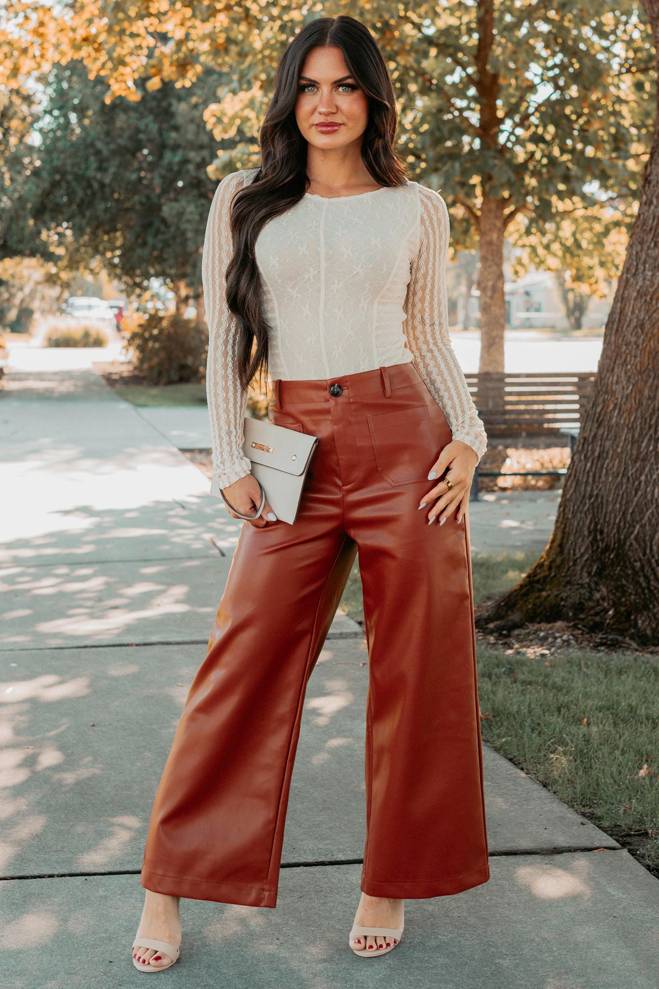 Wide Leg Vegan Leather Pants Brown More Than Usual Wide-Leg Faux