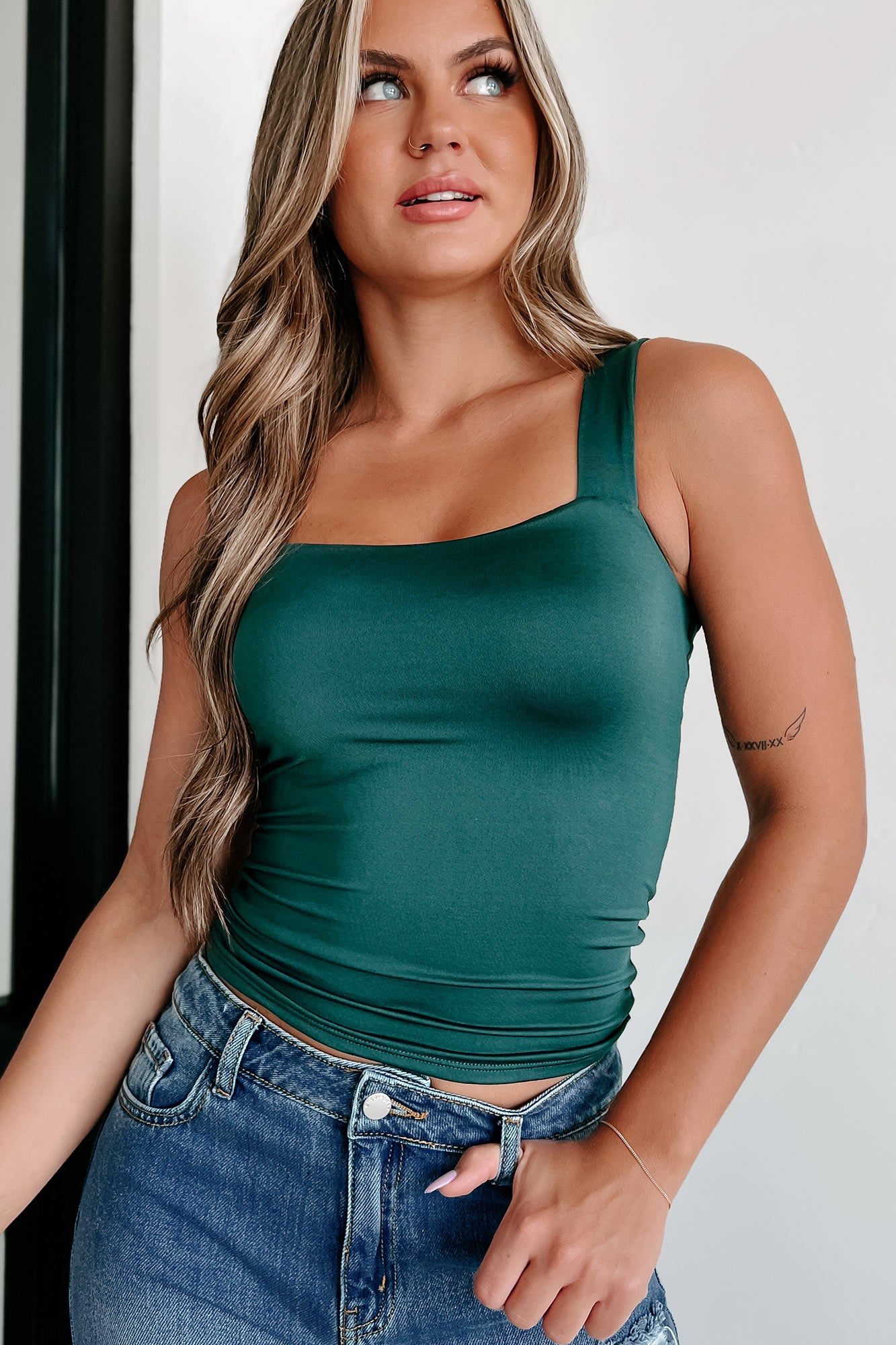 Never Out Of Touch Square Neck Tank Top (Hunter Green) - NanaMacs