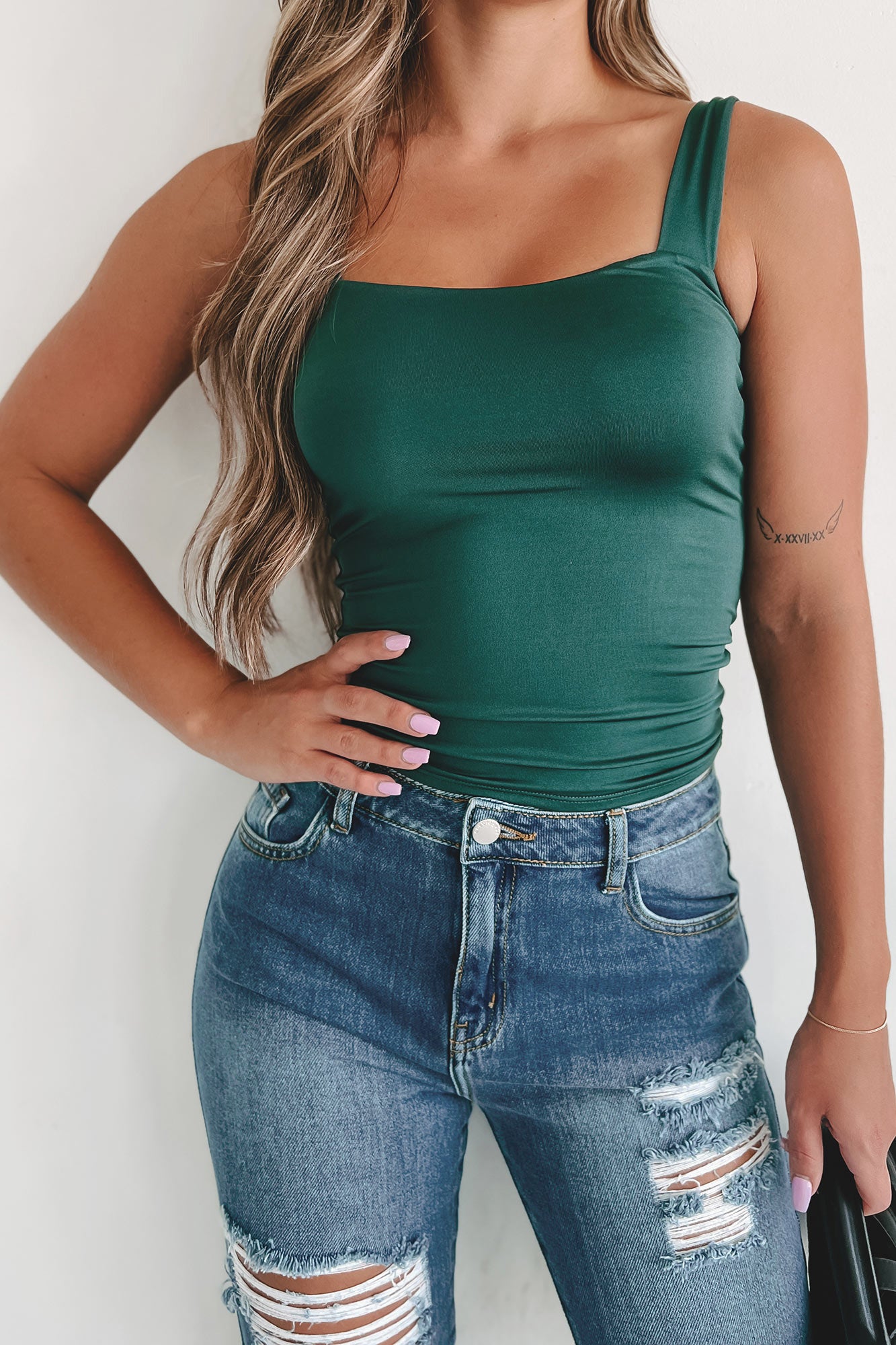 Never Out Of Touch Square Neck Tank Top (Hunter Green) - NanaMacs