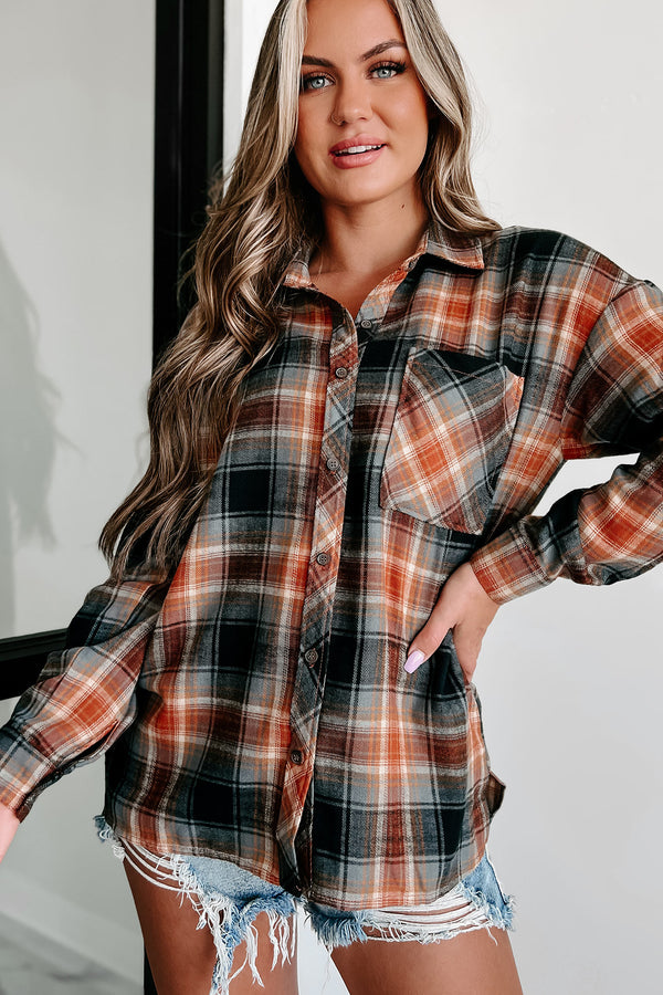 Chats By The Fire Oversized Plaid Shirt (Amber/Black) - NanaMacs